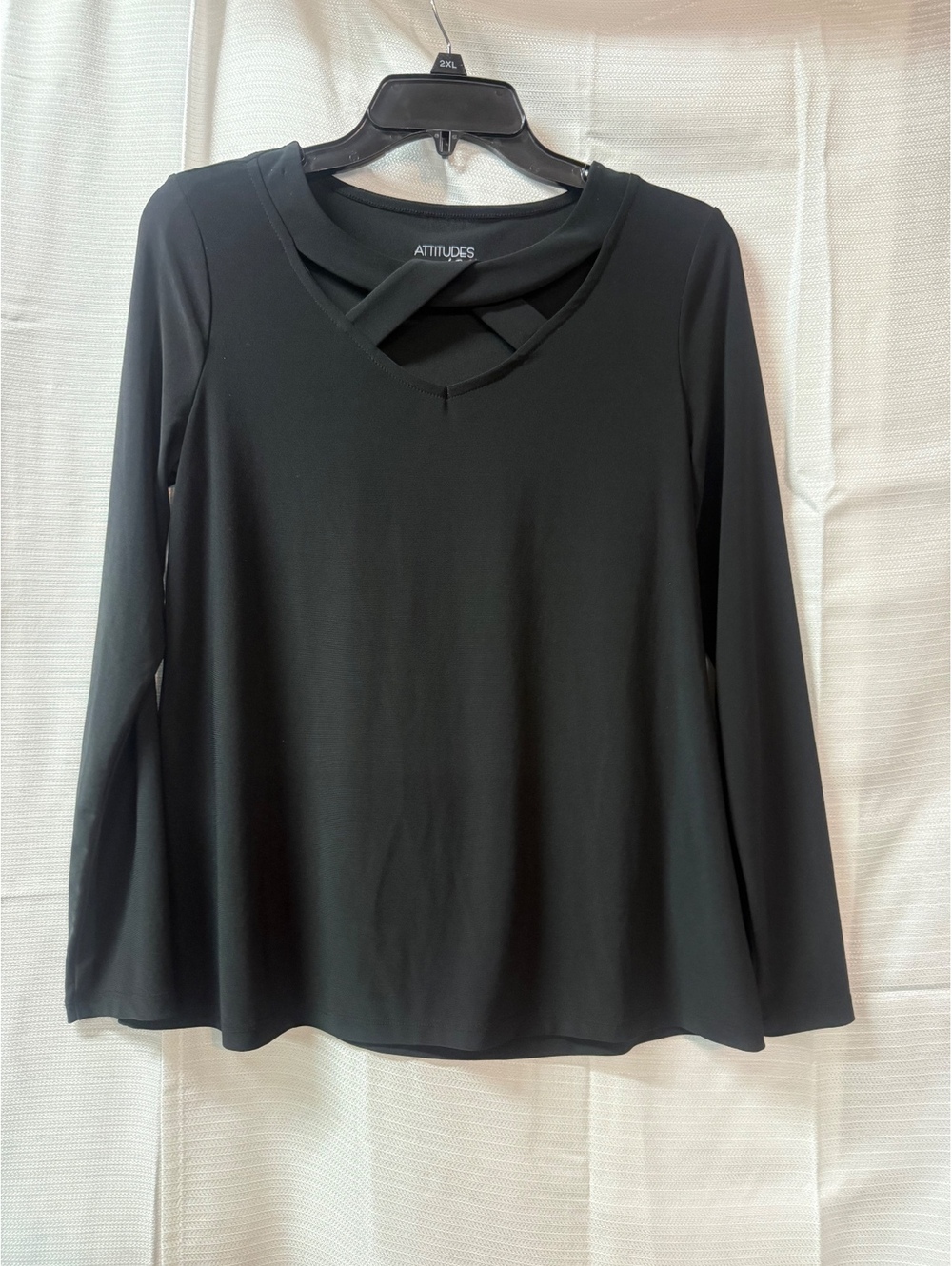 Attitudes by Renée Black Long Sleeve V-Neck Top with Crisscross Detail XS
